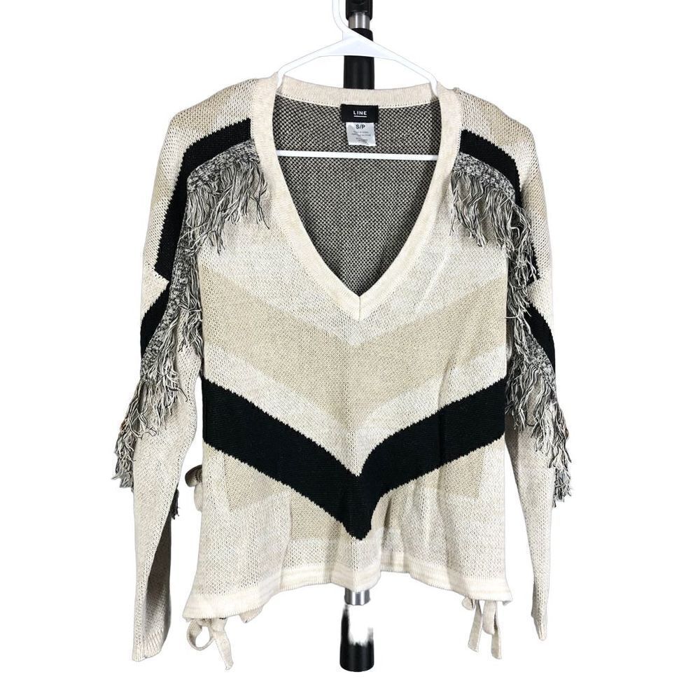 LINE THE LABEL 100% Wool Fringe Chevron Side Slit Tie V-Neck Knit Sweater Sz S